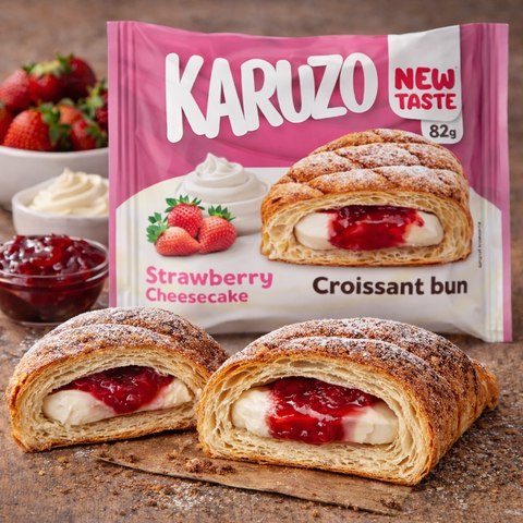 Karuzo gefüllte croissants 82 g mit golden gebackenem teig, puderzucker, weißer käsecreme und erdbeerfüllung
