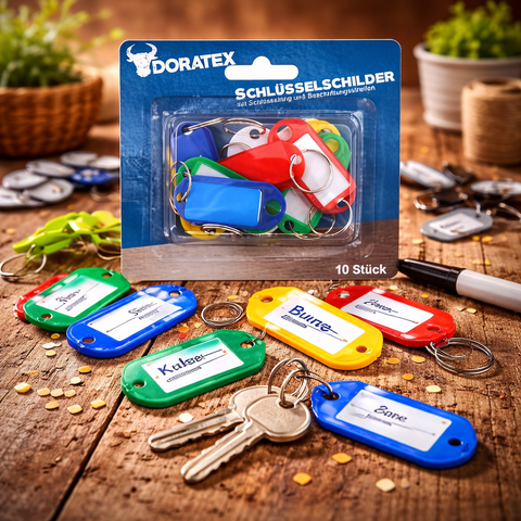 Bunte plastik schlüssel schilder mit weißen etiketten und doratex branding im 10er pack