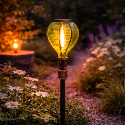 Solar gartenstecker luftballon grün mit 12 led flammeneffekt, glasleuchte mit geflochtenem metallfuß und schwarzem stecker