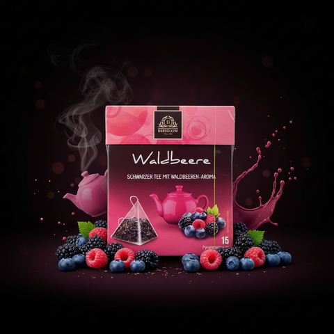 Pinkes bardollini schwarztee waldbeere 225g mit dreieckigem teebeutel und frischen beerenduft