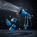 Blau-schwarze gartenschlauch brausepistole mit abnehmbaren sprühköpfen im 5-teiligen bewässerungsset