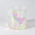 Windlichtglas irrisierend 8x8 cm aus klarglas mit holografischem meerjungfrauenschwanz in irisierenden rosa grün und lila tönen