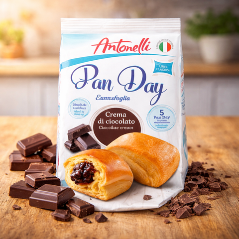 Antonelli panday gefülltes softbrötchen 250g mit eummsfoglia schokoladencreme in weiß-blauer verpackung