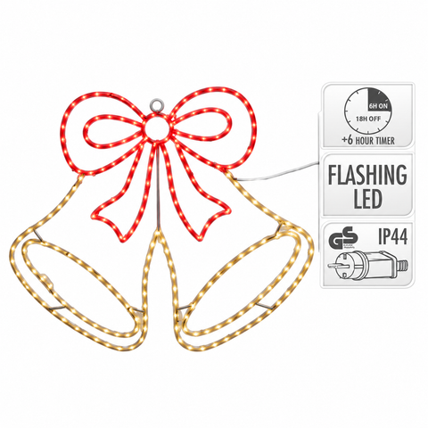 Red und gold led leuchtende schleife mit glocken glocke 223 led flash effekt 60,5x51,5 cm