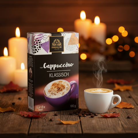Bardollini cappuccino classic kaffeebox mit lila und schwarzer verpackung und einem schaumigen getränk im becher