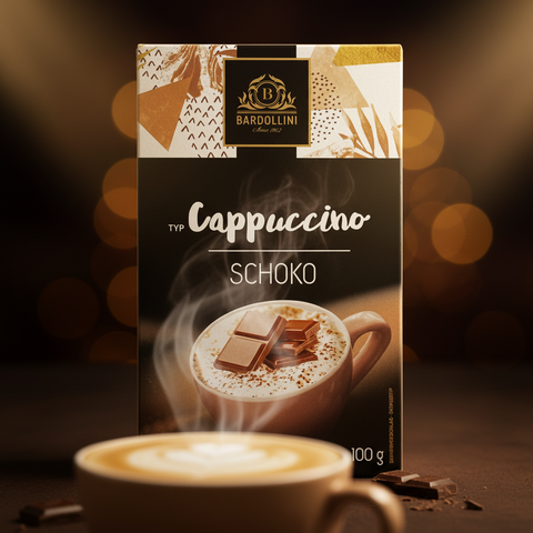 Bardollini cappuccino schoko schokolade in schwarzer und goldener verpackung mit dampfendem kaffeebild
