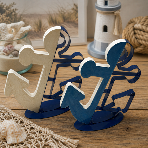 Two nautische metall-anker blau/creme buchstützen in creme mit blauem sockel und ganz in marineblau aus holz oder harz