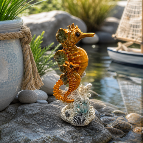 Goldener seepferdchen figur mit glänzendem finish und feiner detailierung auf strukturierter korallenbasis in orange