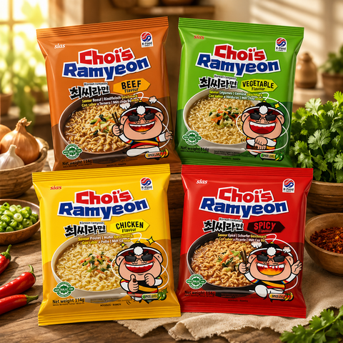 Vier bunte pakete choi’s ramyeon instantnudeln 113 g mit cartoonfiguren und geschmacksrichtungen rind, gemüse, huhn und scharf