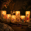 Set aus dekorativen led-kerzen mit floralem und vogelmotiv in warmem, leuchtendem licht, 7x10 und 7x15 cm