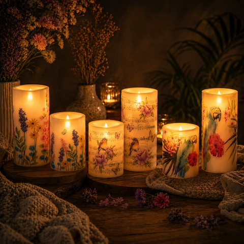 Set aus dekorativen led-kerzen mit floralem und vogelmotiv in warmem, leuchtendem licht, 7x10 und 7x15 cm