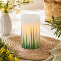 Led echtwachskerze herba klein mit grünem gras design frosted zylindrischer kerze und warmem licht