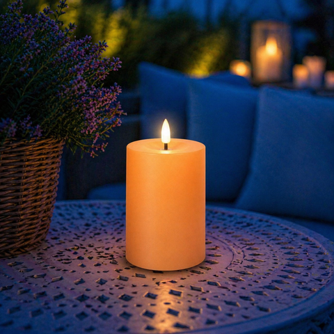 Warme orange led kerze mit realistischem flammenlicht aus wachsoptik solarkerze orange 7x7x12,5 cm