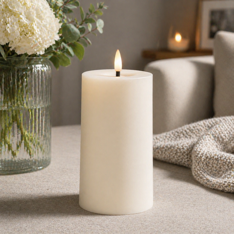 Beige solarkerze kerze zylindrisch 7x7x17,5 cm mit glatter wachsfläche und flackernder flamme