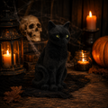 Eine plüschige schwarze katzenfigur mit leuchtend grünen augen sitzt auf einer dunklen, strukturierten oberfläche