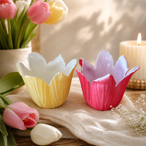 Zwei kerzenglas blume kerzenhalter aus keramik in gelb mit weißem innenraum und pink mit lavendelfarbenem innenraum