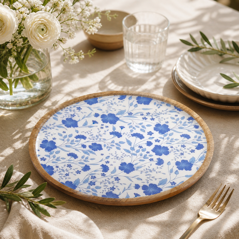 Blauer blumendekor keramikteller mit natürlichem holzrand holzteller 15 cm