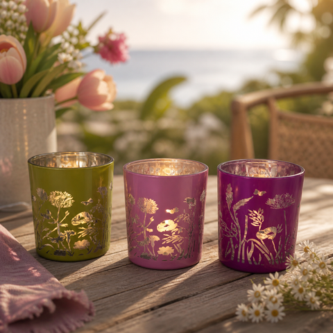 Teelichthalter frühling aus glas mit goldfolie botanischen mustern und metallischem interieur in drei varianten