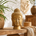 Goldener buddha kopf statue mit kunstvollem lockigem haar und glatter polierter oberfläche 17x31 cm