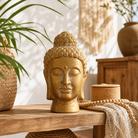 Goldener buddha kopf statue mit kunstvollem lockigem haar und glatter polierter oberfläche 17x31 cm