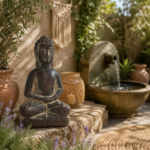 Dunkelbronzen buddha statue mit feinen details und ruhigem ausdruck sitzend in meditativem sitz auf steinpodest