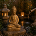 Goldene buddha statue 17x11x31 cm mit ruhigem ausdruck sitzt meditativ auf steinbasis