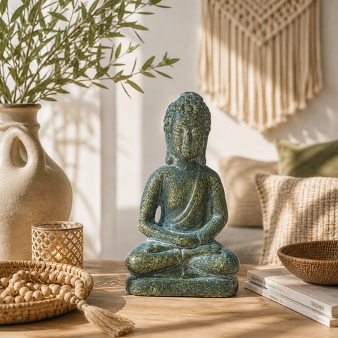 Eine grüne keramische buddha statue mit moosartiger oberfläche sitzt meditativ auf einem holztisch 12x9x21cm
