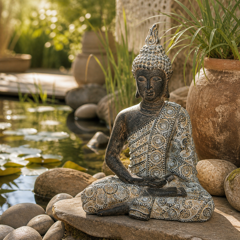 Dunkelgraue buddhastatue aus stein mit kunstvollen kreis- und wirbelmustern auf robe, meditativ auf flusssteinen