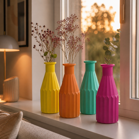 Vier farbige geometrisch facettierte flaschenvasen piena m in gelb orange türkis und magenta auf fensterbank