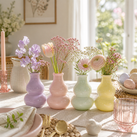 Pastellfarbene Keramikvasen in doppelkalebassenform mit zarten Blumenarrangements