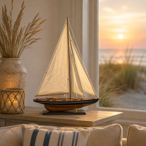 Detailliertes holzmodell segelboot segelboot 60x12x84 mit cremefarbenen segeln und dunkelblauem rumpf auf rustikalem tisch
