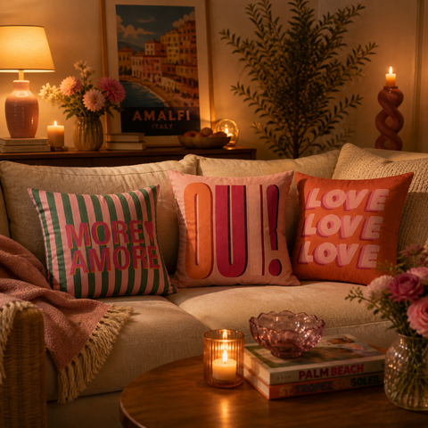 Kissen mit text 45x45 auf beigem sofa mit drei bunten kissen in pink und orange mit spielerischem schriftzug