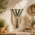 A cream and dark green macrame wall hanging with intricate knotwork and fringe on a wooden dowel top
