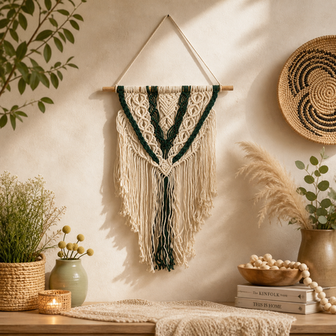 A cream and dark green macrame wall hanging with intricate knotwork and fringe on a wooden dowel top
