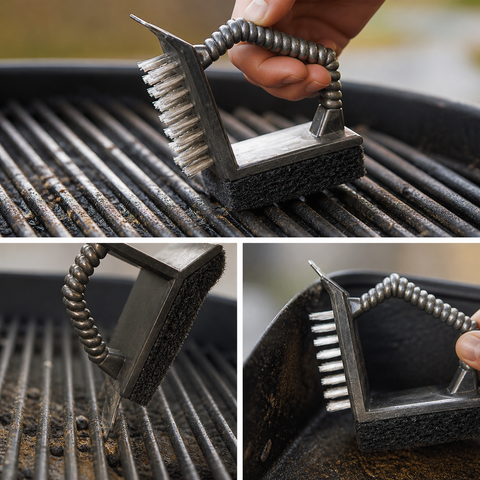 Grill reinigungsbürste mit metallbürste, spiralförmigem griff, steifen borsten und schwarzem scheuerpad