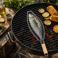 Silberner fischbräter 58cm verchromt mit holzgriff zum grillen ganzer fische über holzkohle