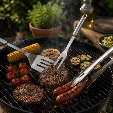 Schwarzer holzkohlegrill mit grillbesteck 3er-set aus edelstahl und sizzling fleisch gemüse und mais auf dem rost