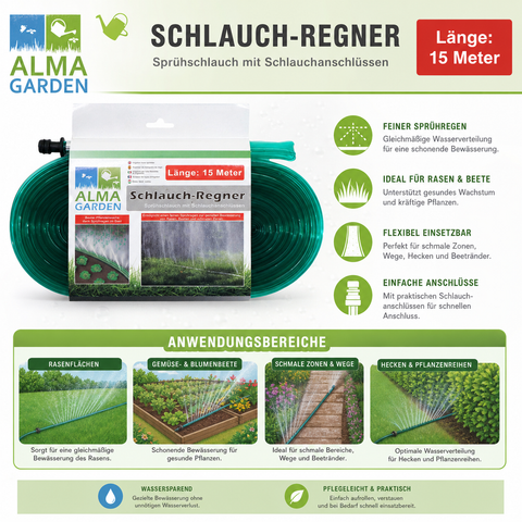 Grüner bewässerungsschlauch regner 15m mit flexiblem, langlebigem kunststoffschlauch und praktischen anschlüssen
