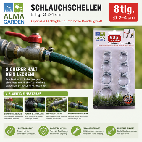 Silberne metall schlauchschellen 8er set mit durchmesser 2-4 cm für garten und heimwerkerarbeiten