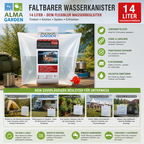 Klarer faltbarer wasserkanister 14 l mit rotem auslauf und weißem etikett aus kunststoff