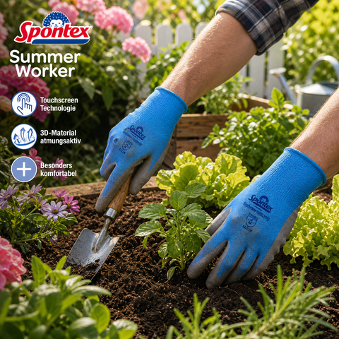 Blaue und graue spontex handschuhe summerworker gr 8 mit touchscreen technologie für gartenarbeit sichtbar rückseite