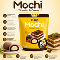 Gelbe packung royal family mochi tiramisu 120g mit süßem reis-teig um cremige tiramisu-füllung