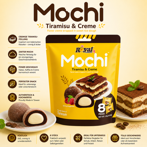 Gelbe packung royal family mochi tiramisu 120g mit süßem reis-teig um cremige tiramisu-füllung