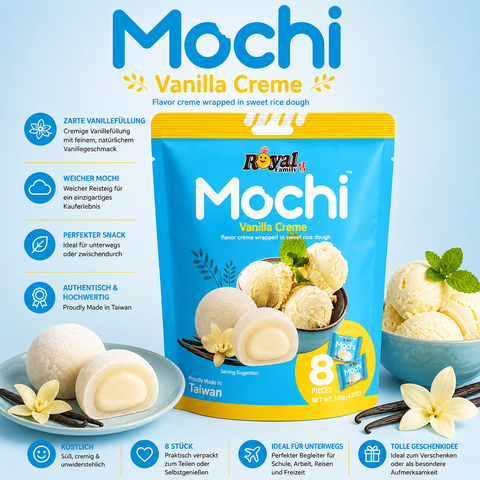 Blau-gelbe verpackung von royal family mochi vanilla creme mit süßem reisteig und vanilla cremefüllung 120g