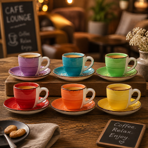 Set aus sechs bunten keramik espressotassen mit passenden untertassen, jede in leuchtenden farben und weißem innenraum