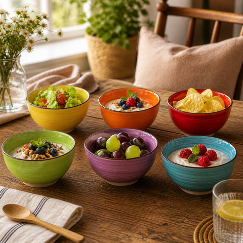 Set aus sechs bunten keramikschalen 12cm mit strukturierten, gerippten seiten und dunklem rand