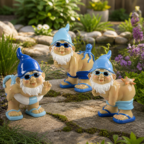 Drei frecher zwerg 18cm garten gnome mit blauen hüten, sonnenbrillen, weißen bärten und hellblauen badehosen