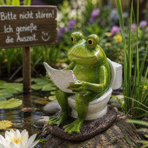 Grüne keramikfroschfigur sitzt auf weißem wc hält eine zeitung 11x8x12 cm frosch auf wc