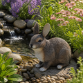 Graue resin garten figur hase mit detaillierter fellstruktur sitzt auf stein neben kleinem bach und bunten blumen 40x20x34 cm
