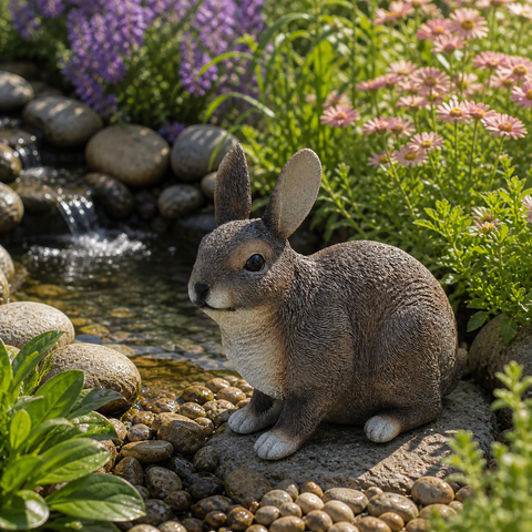 Graue resin garten figur hase mit detaillierter fellstruktur sitzt auf stein neben kleinem bach und bunten blumen 40x20x34 cm